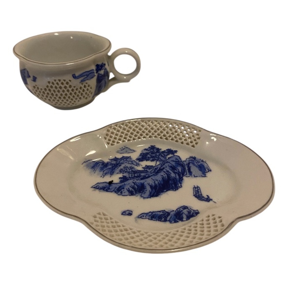 Vintage - Rare’ 1920’ Japanese Celadon Double Wall Porcelain Cup and Saucer